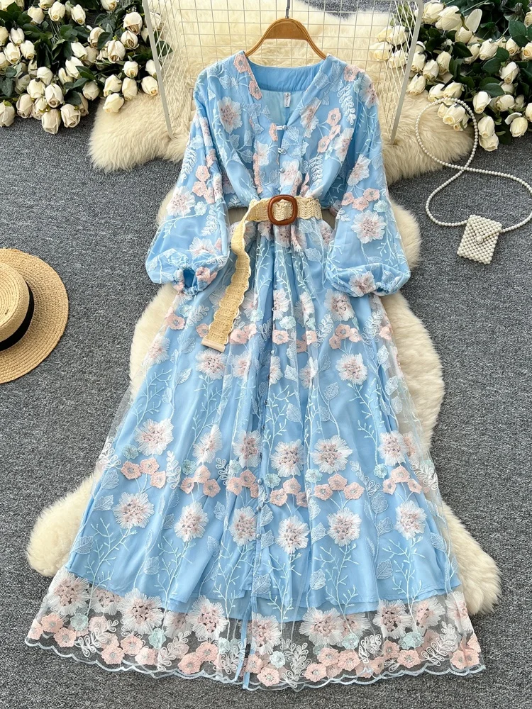 Ele ort Skirt with Lace Heavy Embroidery Belted Waist V-Ne Lantern Sve Women's Dr for Autumn Season