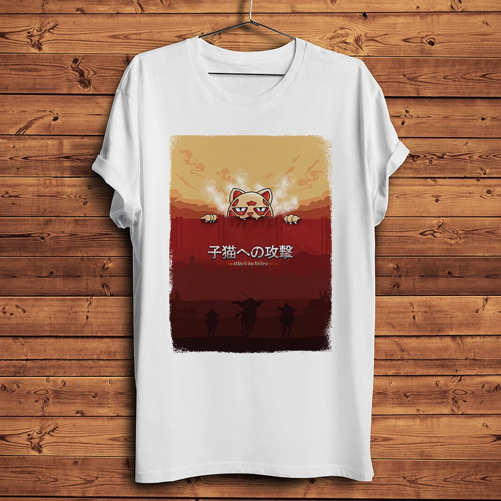 funny AOT Cat on Titan anime t-shirt homme men white short sleeve casual tshirt unisex tee manga streetwear Attack On meow