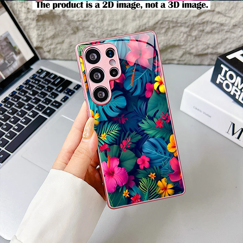 Red & Yellow Hibiscus Monstera Phone Case,2D Print Glass Cover For Samsung S/A Series,Shockproof Shell