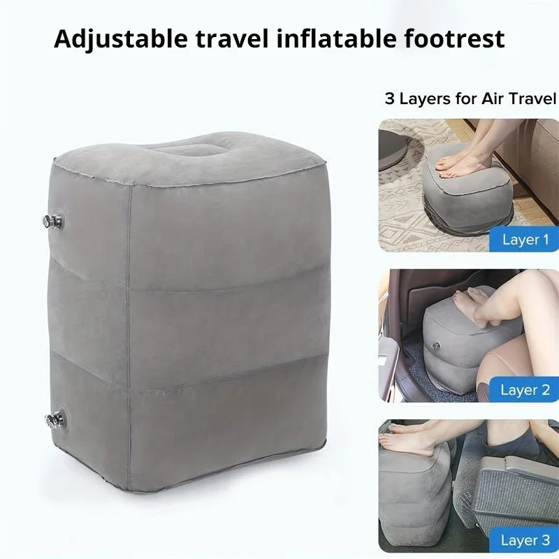 Almohada inflable para reposapiés, almohadilla portátil para pies, 3 capas de altura para artículos esenciales de viaje en avión, ideal para oficina, hogar, trenes, coches