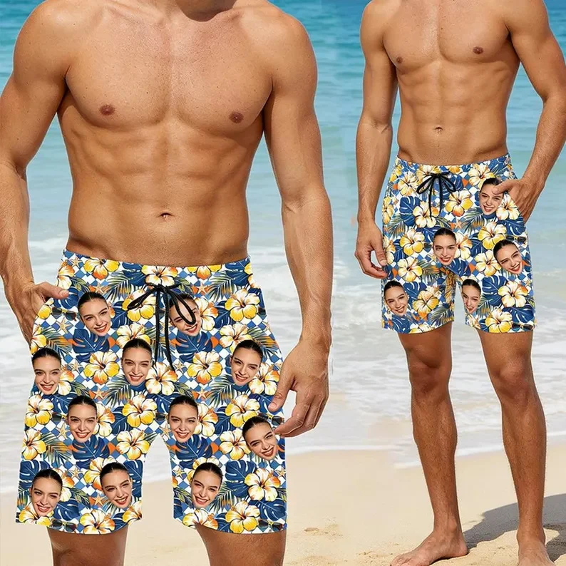 

Custom Face Beach Shorts For Men Personalized Hibiscus Flower Print Swim Trunks Quick Dry Loose Board Shorts Vacation Gift