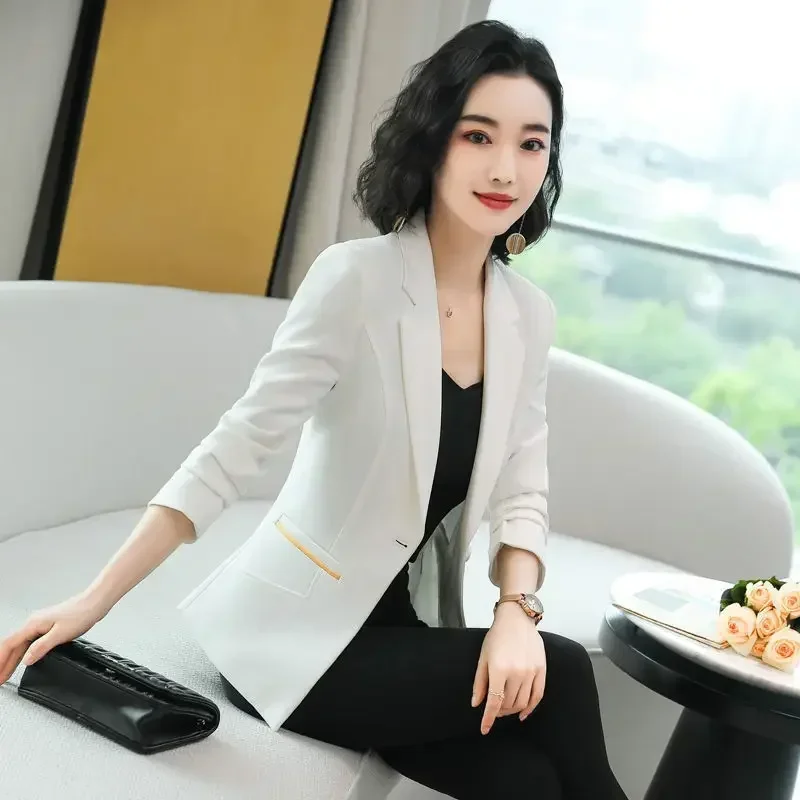 Blazer cranté à manches longues pour femmes, veste slim, manteau femme imbibé, dame de bureau, blanc, noir, 2024