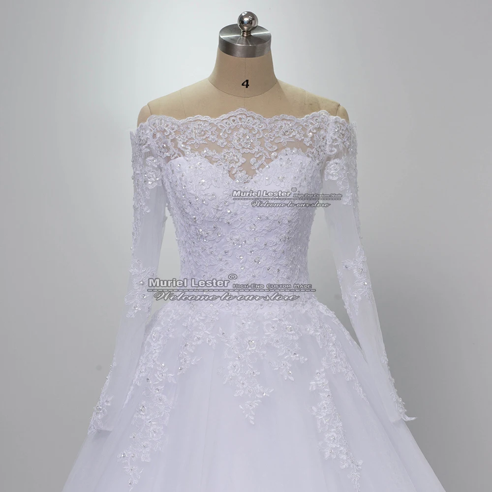 Robe de mariée blanche ligne A pour femme, photo réelle, appliques à manches longues, perles, patients formels, tout ce qui est sur mesure, robe à lacets dans le dos