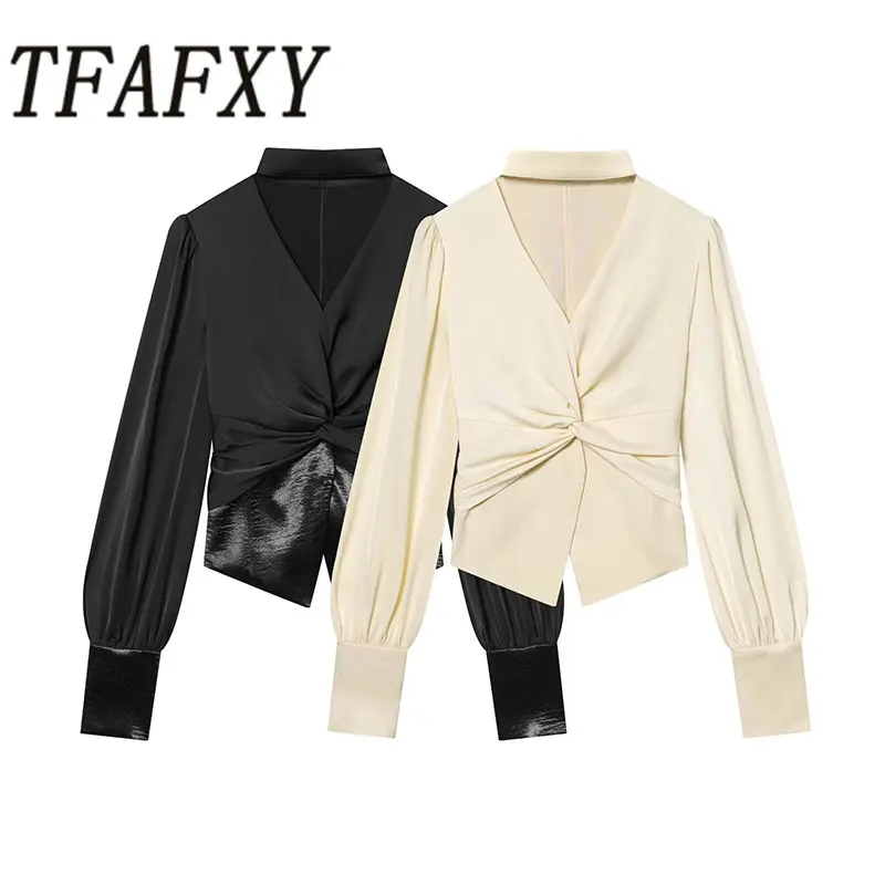 

TFAFXY 2026, весенняя женская повседневная блузка с длинным рукавом и v-образным вырезом, рюшами и пуговицами, тонкая короткая рубашка, женский укороченный топ, пуловеры Y2K