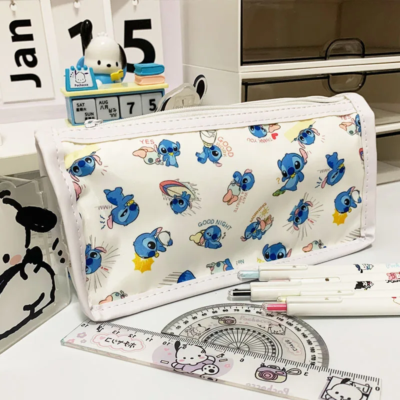 Disney-Stitch Caso Lápis Transparente, Kawaii de Camada Dupla, Grande Capacidade, Bolsa Multi-Funcional, Material Escolar Infantil