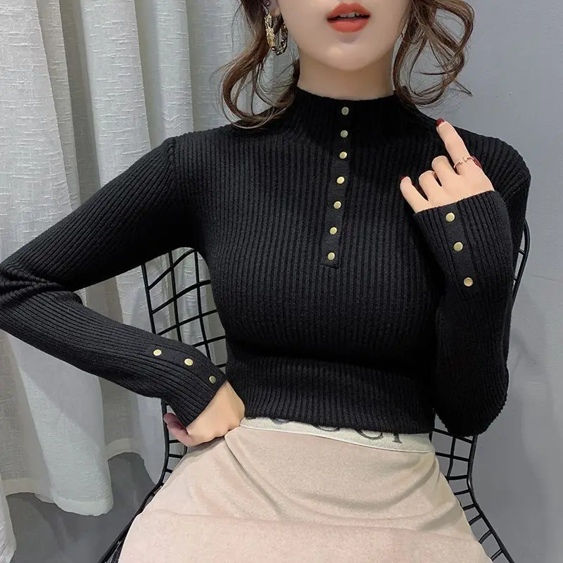 Women Autumn Winter Korean New Half High Neck Bottom Knitwear Fashion Retro Solid Button Slim Versatile Sweater Long Sleeve Tops