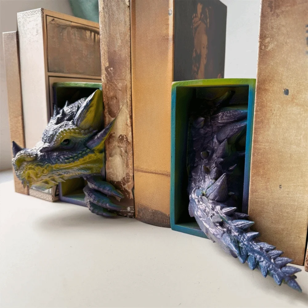 3D Dragon-Shaped Book Stand Set Resin Vintage Bookshelf Dragon Ornaments Medieval Dragon Bookend Decoration File Cabinet