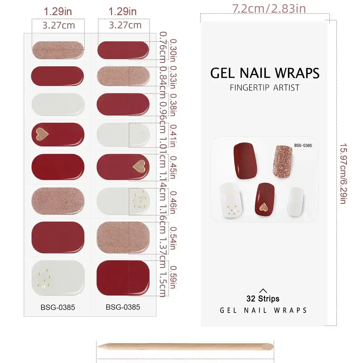20 Fingers Red and White Coagulated Semi-Curing Gel Sticker Nail Sticker with Nail File and Stick (Uv/Led Light Required)