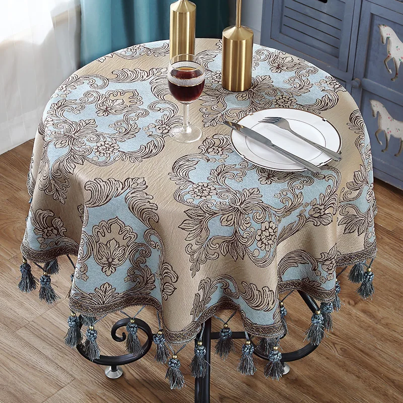 

Luxury European Style Round Table Cloth with Tassel Embrodered Jacquard Table Cover Coffee House Home Decoration Tablecloth S1