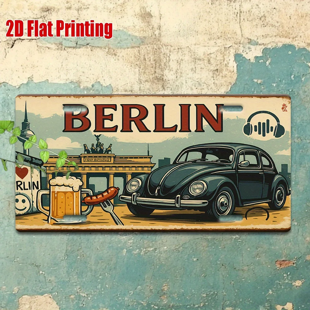 HD Aluminum Metal Sign, Berlin Germany Vintage License Plate Style Wall Decor, Retro Brandenburg Gate Beetle Car Beer Sausage De