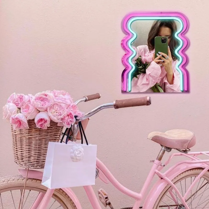 Archway Wave Neon Sign Mirror for Wall Decor 3D Art Neon Light LED Lights Wall Mirrors,Makeup Mirror with Lights for Women Gift
