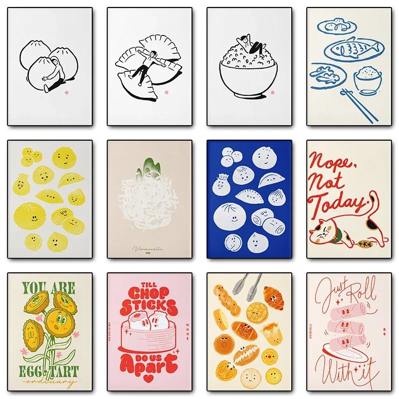 Funny Cartoon Food Illustrated Posters Bakery Dumplings Baos Canvas Printing Wall Art Picture for Living Room Home Decor Gift