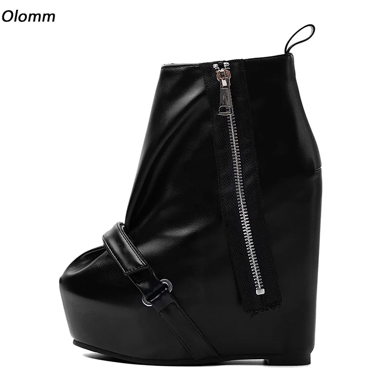 Olomm Women Hidden Wedge Platform Ankle Boots, Side Zipper Buckle Strap Closed Toe High Wedge Heel Short Booties for Club