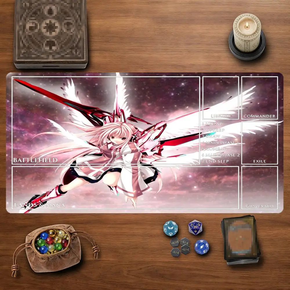 Cosmic Mecha Wing Pink Hair Anime Girl TCG Playmat 35X60CM Magic Card Battle Mat Non-Slip Durable Stitched Edge Tabletop Playmat