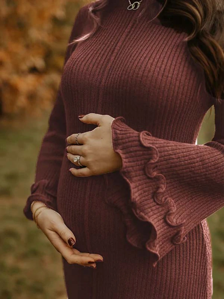 

Fairy Maternity Photoshoot Knit Dress Long Sleeve Ruffle Maxi Gown Elegant Pregnancy Outfit Baby Shower Photography Clothes