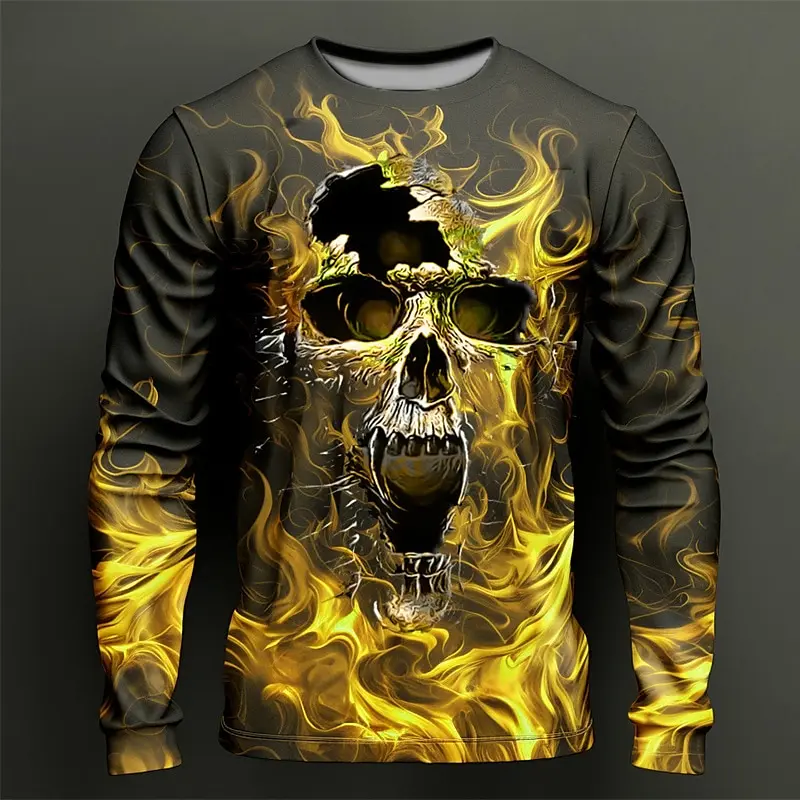 

3D Print Horror Fire Skull Graphic Men's T-Shirt Fashion Cool Hip Hop Harajuku Style Long Sleeve Tees Loose Crew Neck Casual Top