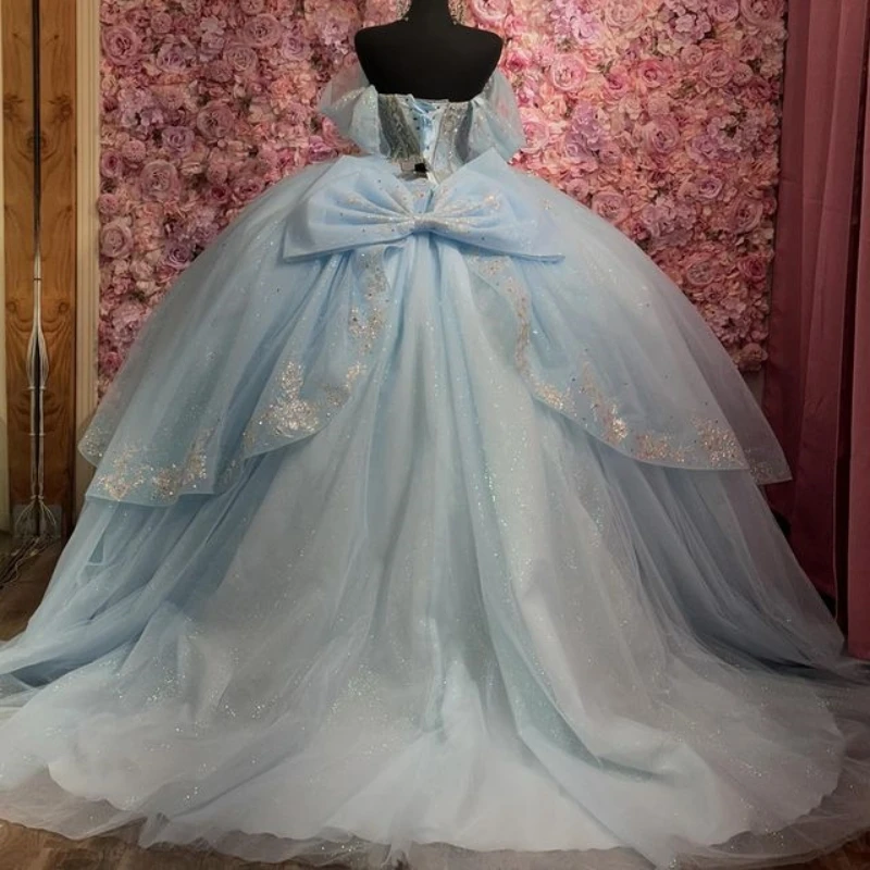 Glitter Sky Blue Princess Quinceanera Dresses Corset Gown Applique Lace Beads Crystals Bow Tull Ball Gown Vestidos De 15 Años