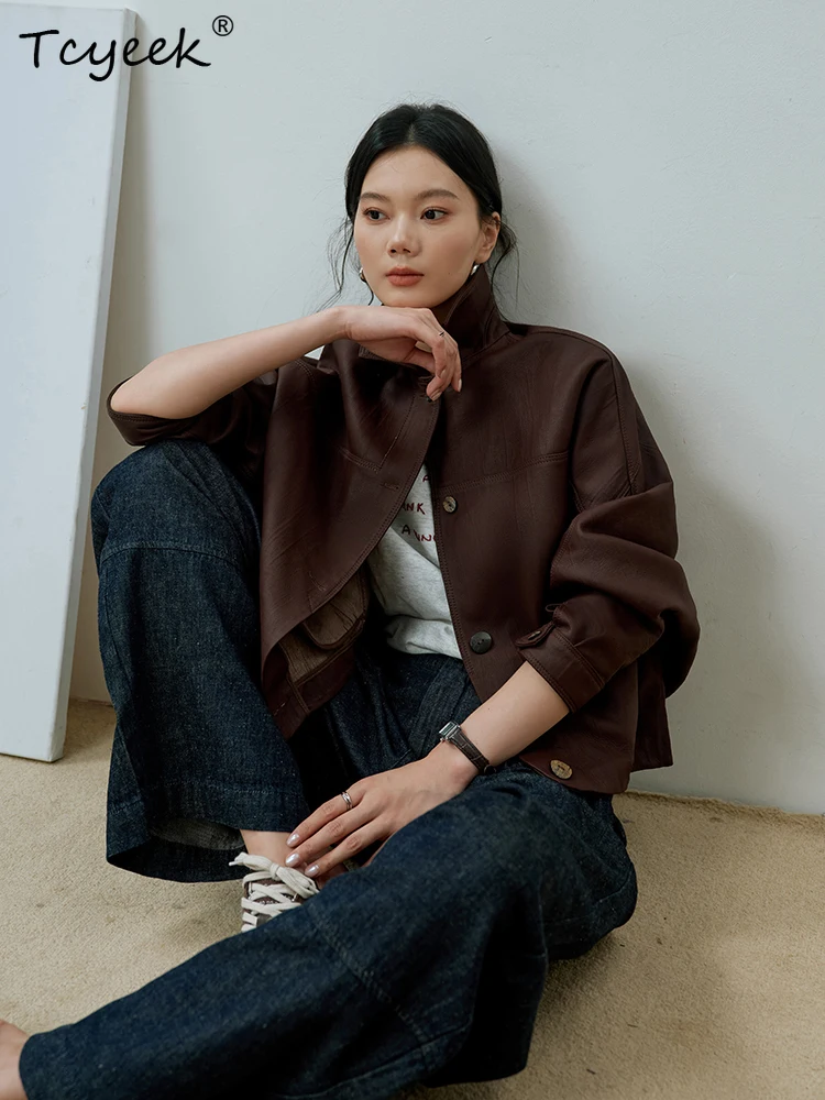 Tcyeek Schaffell Frühling Herbst High End Square Neck Braun Kaffee Fledermaus Ärmel Kurze frauen Aus Echtem Leder Jacke Jaqueta Couro