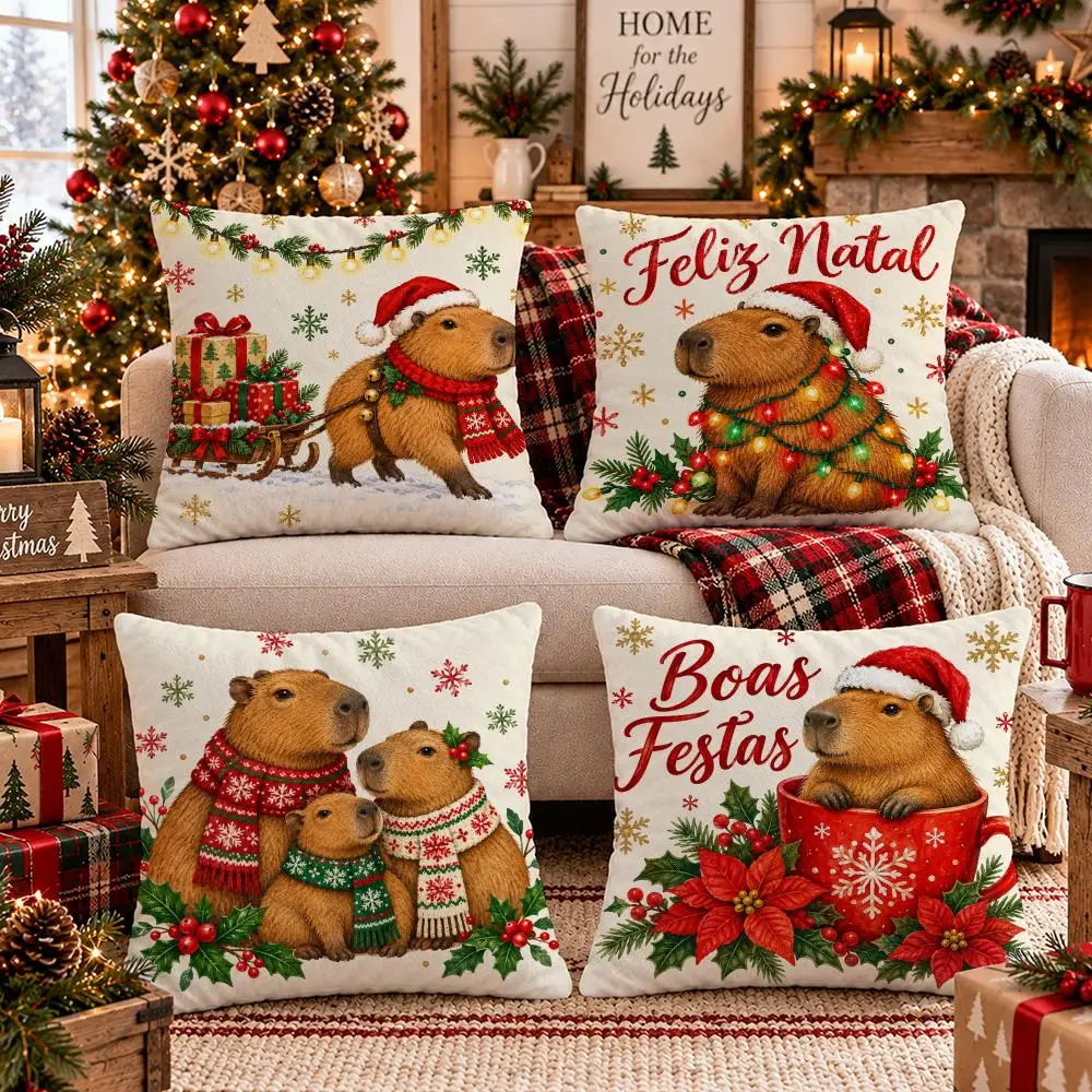 Capybara Feliz Natal Cushion Cover Soft Short Plush Pillow Cover Smooth Cozy Texture Cushion Case Home Decor