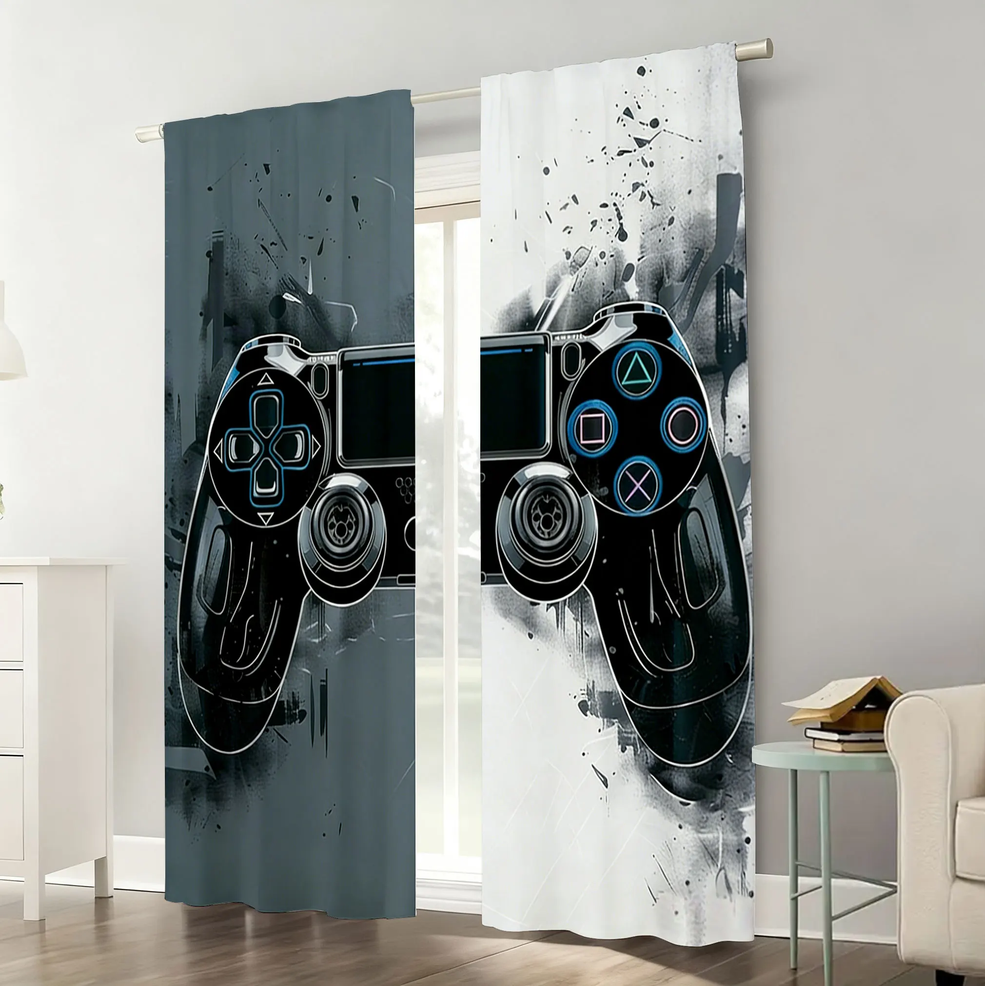 2PC Graffiti Gaming Controller Curtains - Black & White Abstract Print Window Drapes for Boys Bedroom Game Room Decor