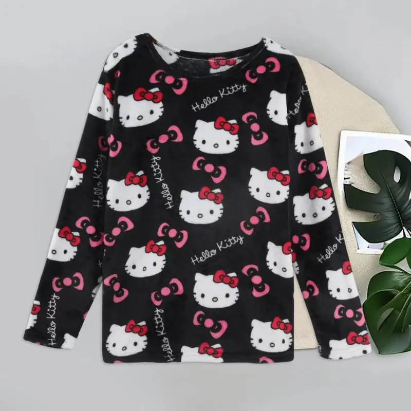 Cartoon Sanrio Hello Kitty Autumn And Winter Flannel Thickened Velvet Cartoon Print Set Winter Wearable Home Clothing Set