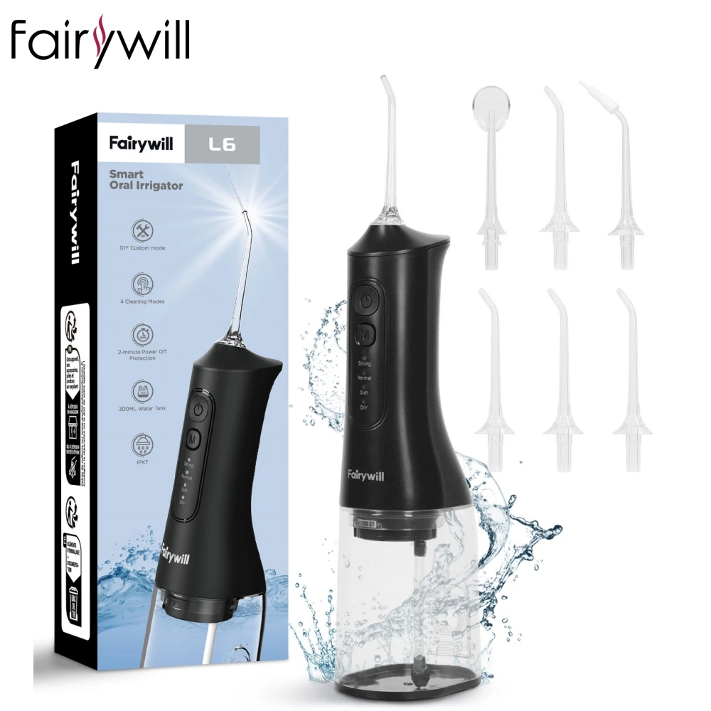 

Fairywill USB Portable Oral Irrigator Water Flosser Dental Water Teeth Whitening 300ML 6 Nozzles Mouth Oral Cleaning For Braces