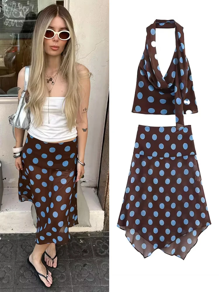 

HH Women's Summer Vintage Polka Dots Suit Sleeveless With Scarf Halter Neck Backless Top+High Waist Asymmetric Sexy Skirt