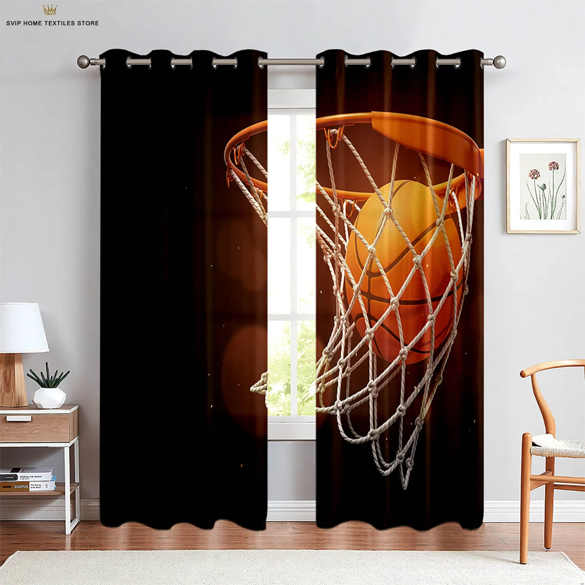 

Flame Cool Basketball 3D Printed Curtains, 100% Polyester, Machine Washable, Bedroom, Living Room, Kitchen, Decorative, 2Pcs