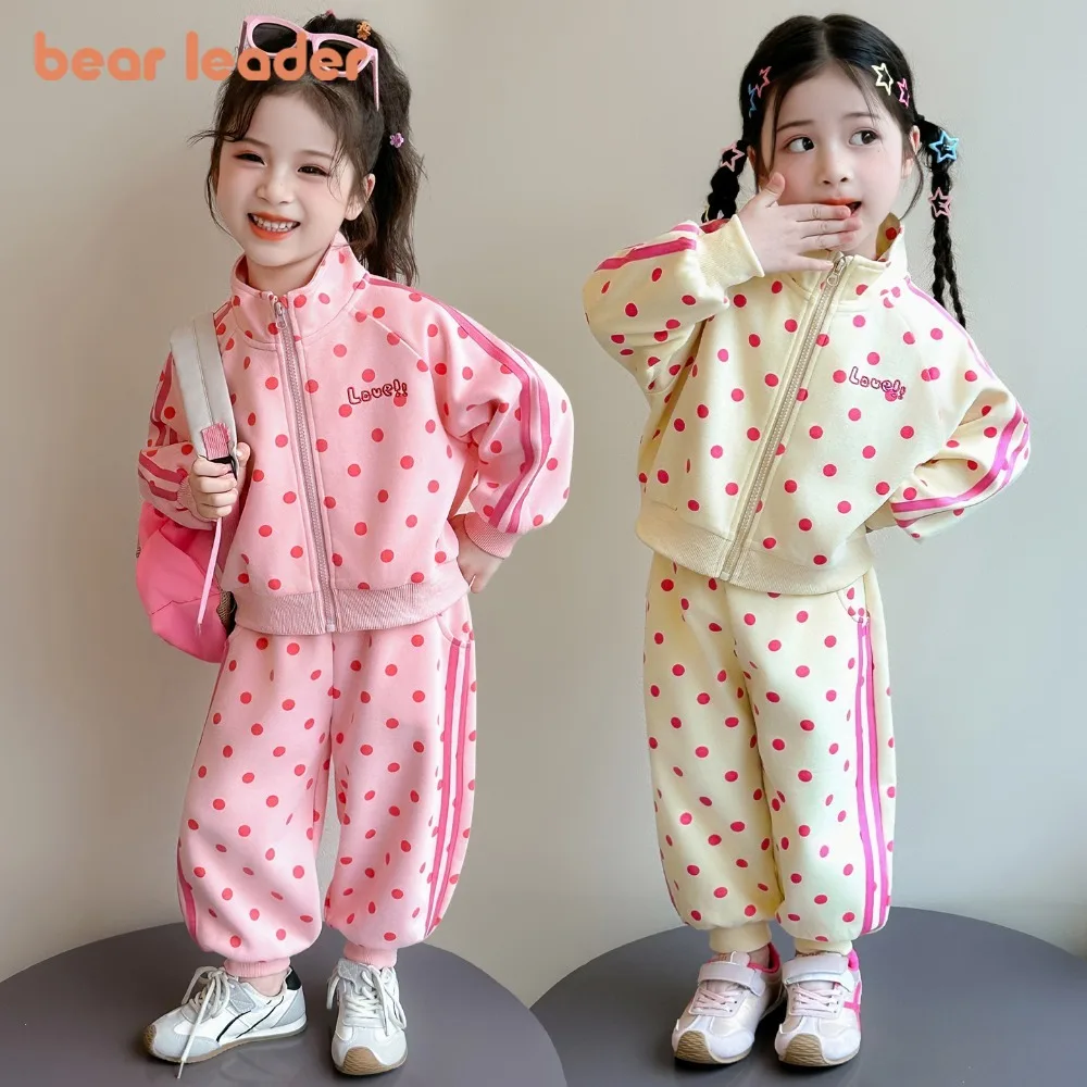 Bear Leader Korean Version Kids Clothes Girls Spring and Autumn Polka Dot Stripe Long Sleeved Jacket + Pants Fashion 2 Pcs Set
