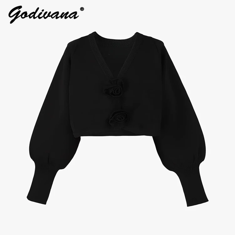 Japanese V-neck Elegant Women's Sweet Short Knitted Cardigan Autumn Winter Women's Knitted Long-sleeved Rose Flower Sweaters