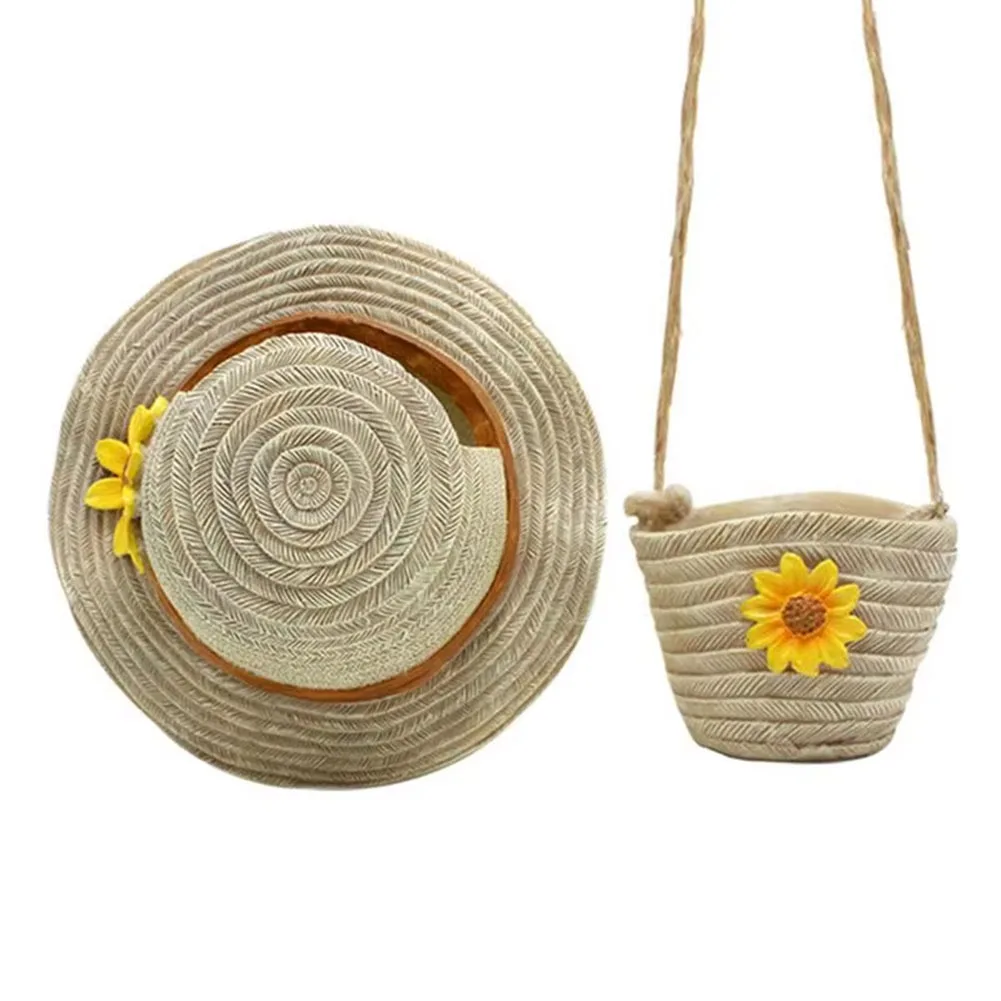 

Boho Hat & Bag Planter Planter Pot Resin Imitation Straw Planting Pot Decorative Hanging Flower Pot for Balcony Garden Yard