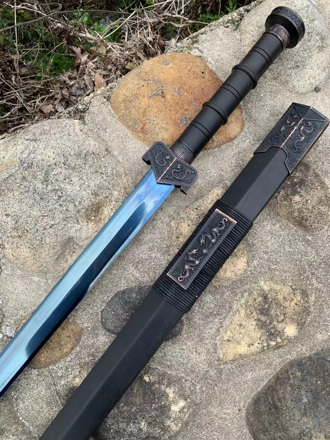 Handmade Han Sword Jian Blade Carbon Steel Emperor Edged Ancient Beast Dragon Wood Scabbard - view 3
