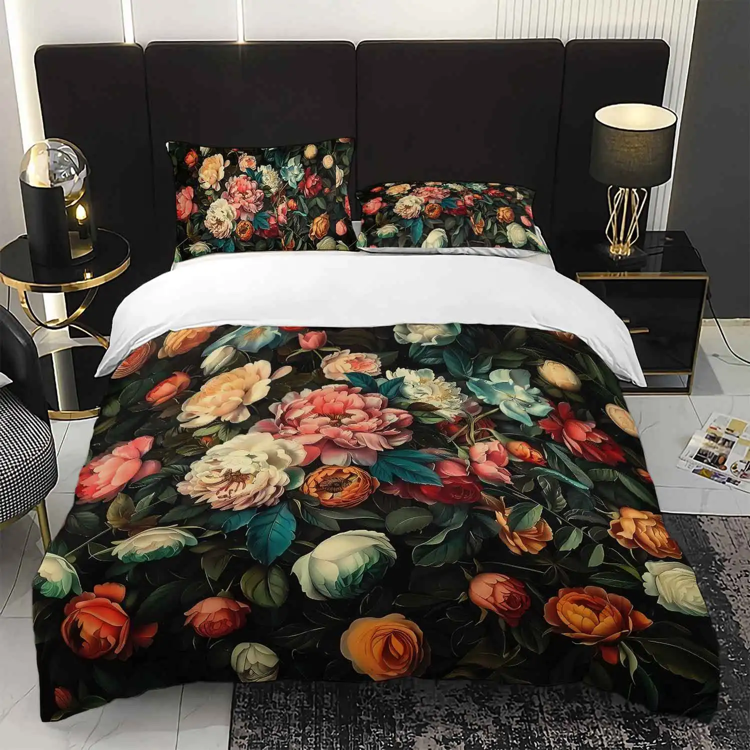 

3pcs Vintage Floral Bedding Duvet Cover Set Bohemian Floral Bedding Quilt Set Dark Floral Themed Bed Quilt Set Luxury