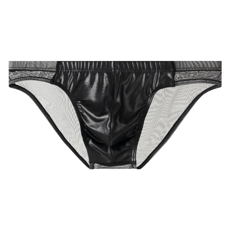 Men's Underwear Mesh Splice Pu Leather Briefs Youth Sexy Low-Rise U Convex Pouch Lingerie Underpants Back Transparent Panties