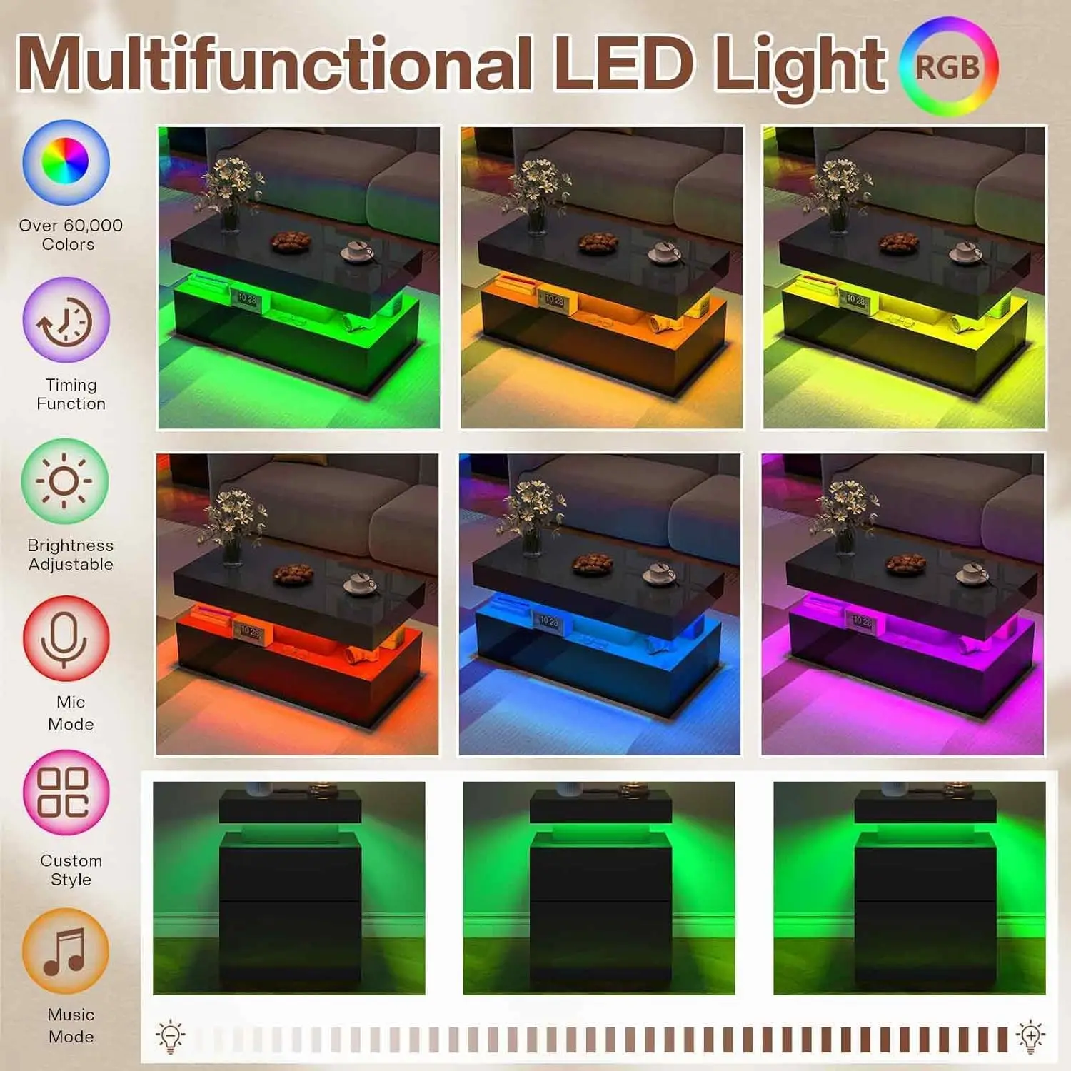 Conjunto de mesa de sala de estar de 3 peças, conjunto de mesa de centro moderno de alto brilho com luz LED e espaço de armazenamento, 2 mesas laterais, preto