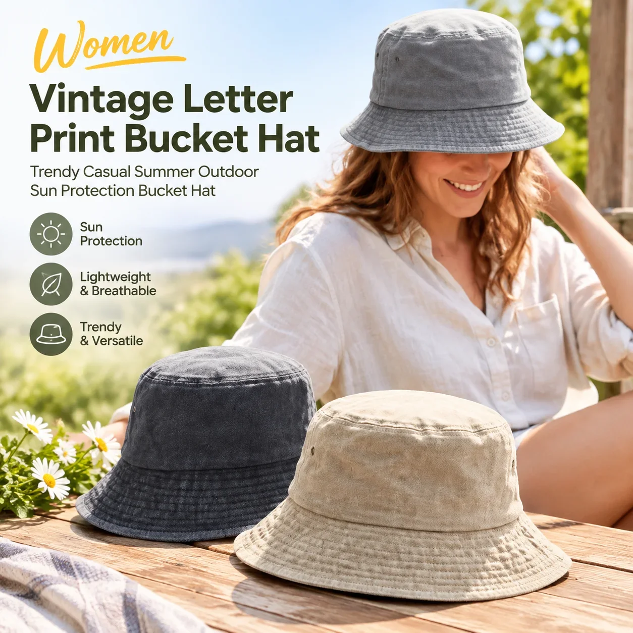 Women Vintage Letter Print Cloth Bucket Hat Trendy Casual Summer Outdoor Sun Protection Bucket Hat