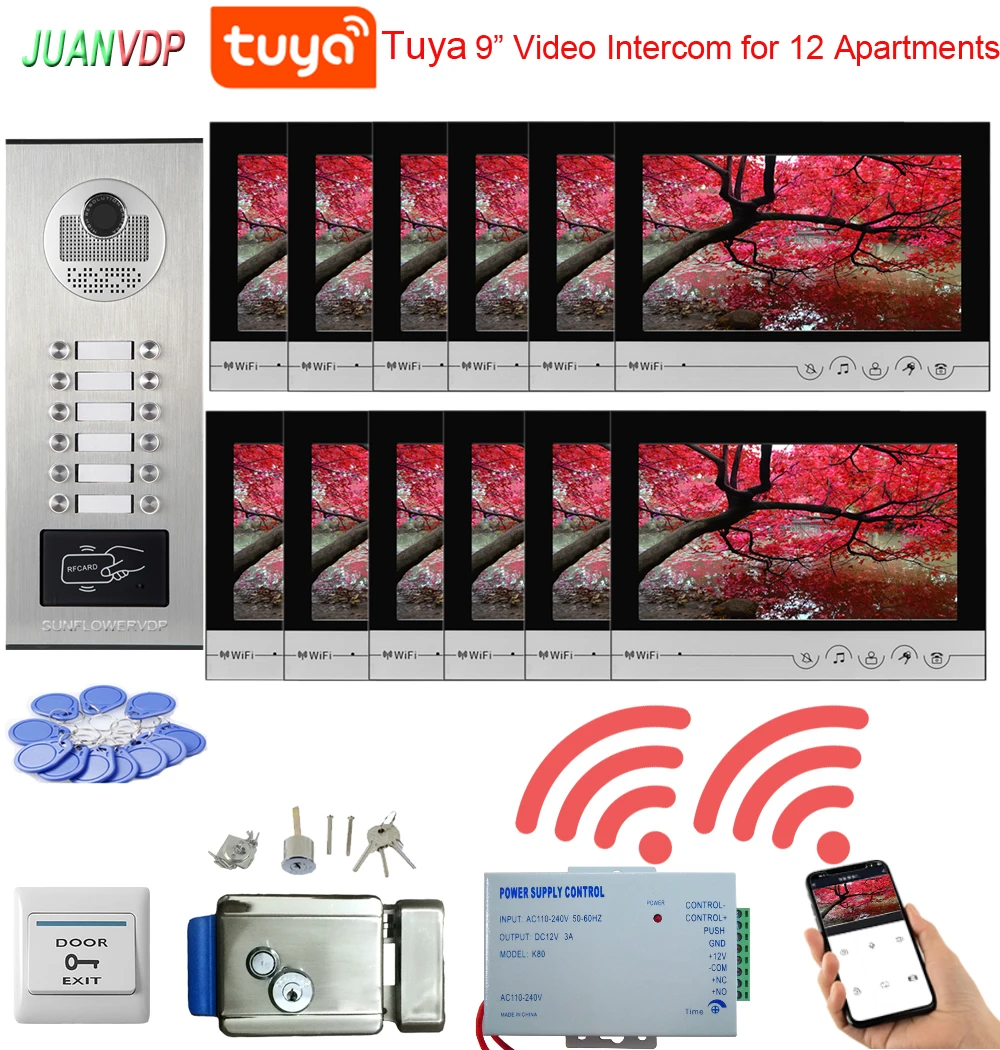 

12 lines 9inch Tuya Video Door Phone Intercom Doorbell With RFID HD IR Outdoor Waterproof Camera Inductive Card Video Door Phone