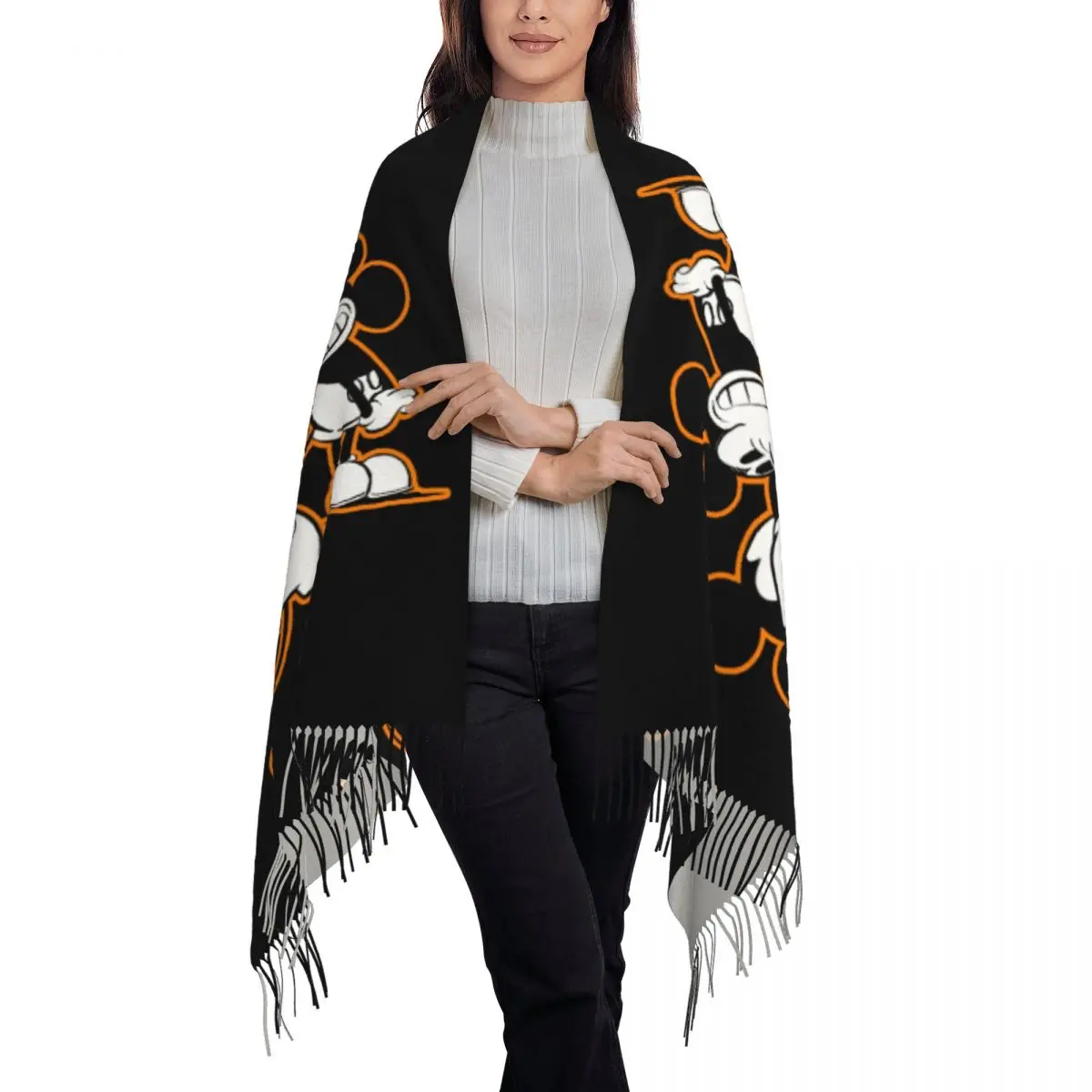 Custom Mickey Mouse Anime Collage Scarf Wrap Women Long Winter Warm Tassel Shawl Unisex Scarves