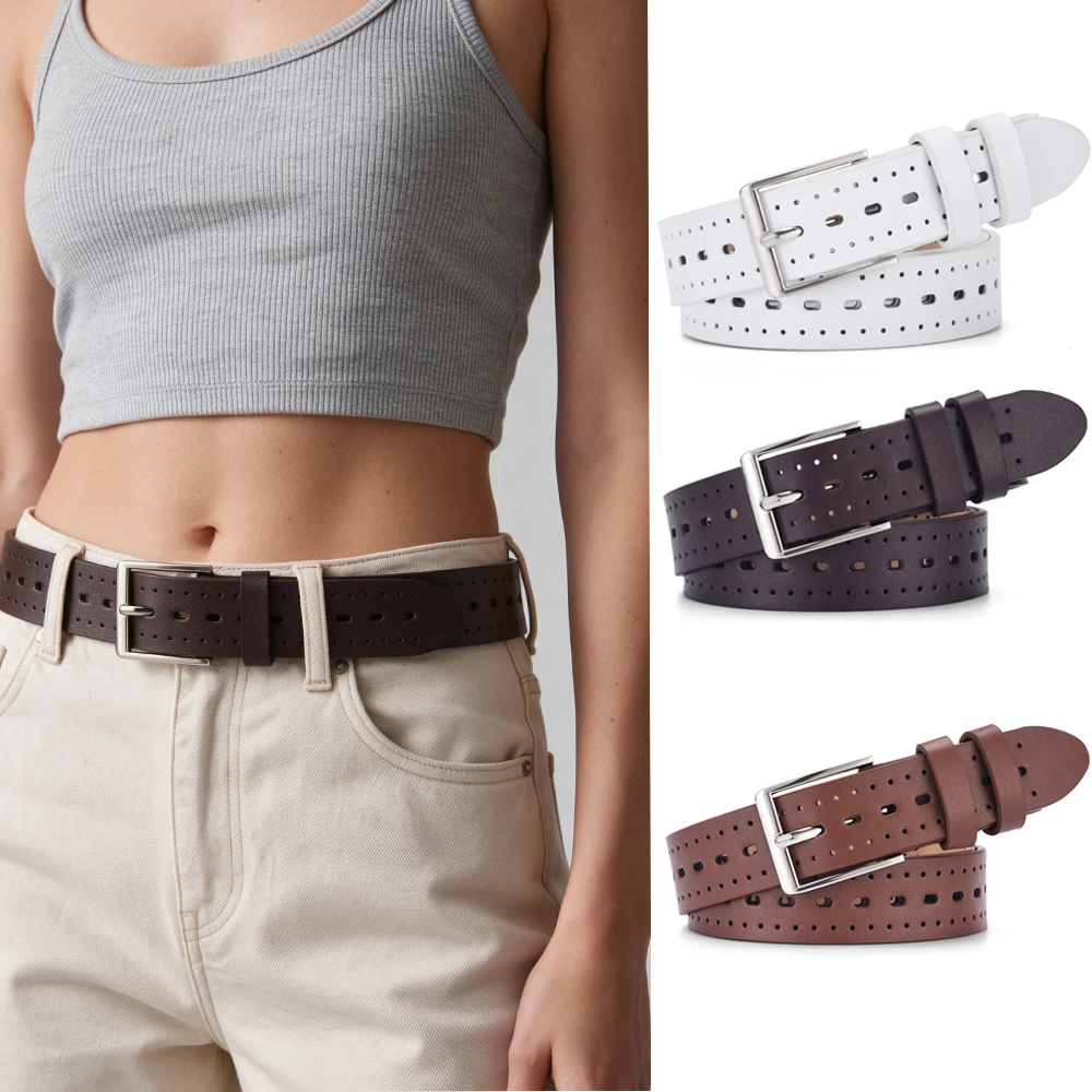 Women Hollow Perforated PU Leather Belt Square Alloy Buckle Adjustable Ladies Waist Strap for Pants Dresses Daily Casual