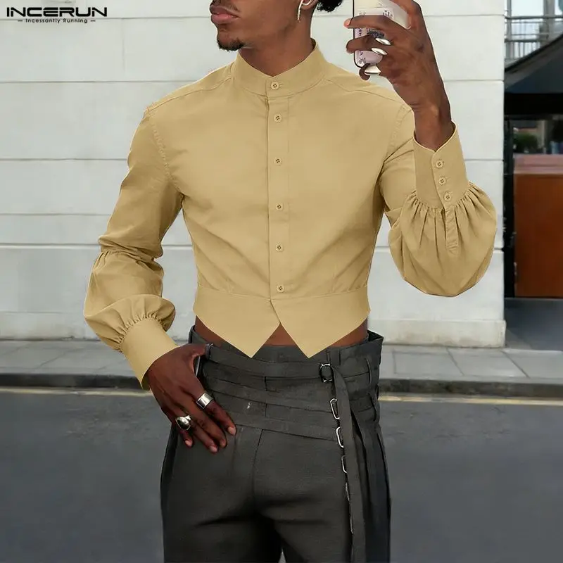 

INCERUN Men Shirt Solid Color Stand Collar Long Sleeve Casual Men Clothing Streetwear Elegant 2026 Fashion Male Crop Tops S-5XL