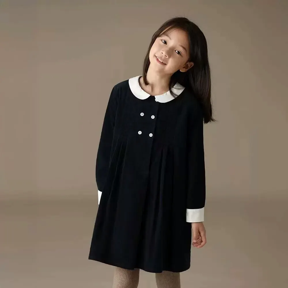 

Children Clothing 2025 Autumn and Winter New for Girls Children Cotton Contrasting Retro Peter Pan Collar Long Sleeved Dress