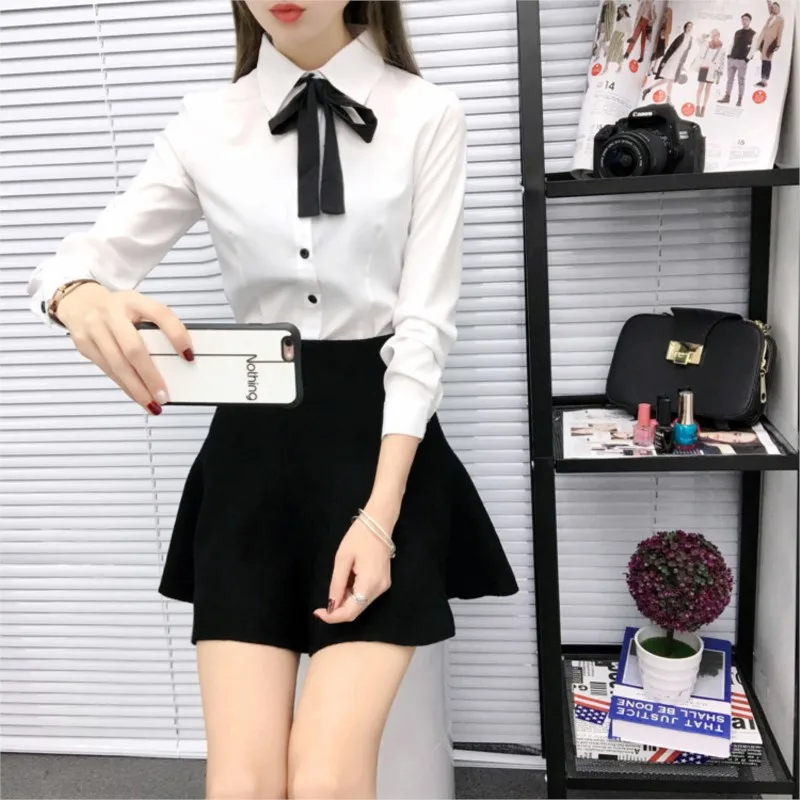 White Shirt Women Blouse Long Sleeve Slim Work Blouse Shirts Women\'s Office Casual Blouses Fashion Bow Tops 5572