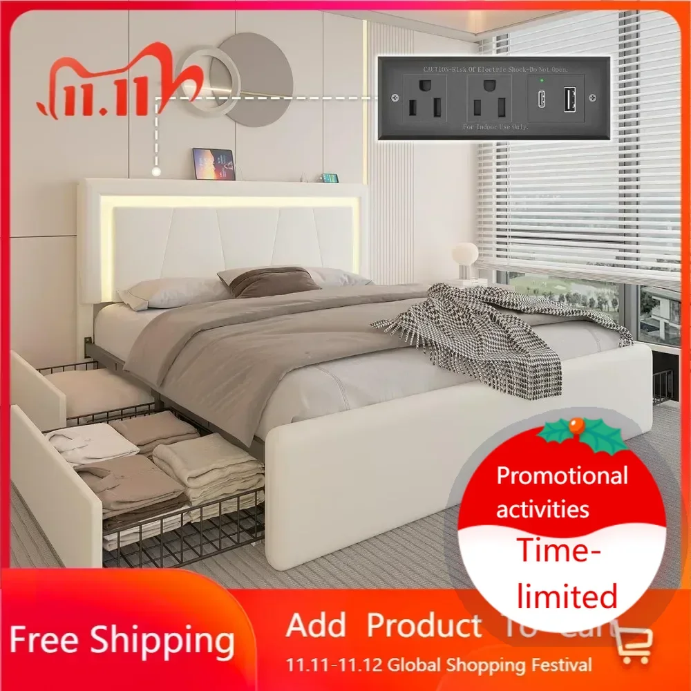

Бестселлер: Кровать размера Full-size с 4 выдвижными ящиками для хранения и LED-подсветкой, мягкая кровать-платформа с регулируемым изголовьем и функцией регулировки углов наклона.