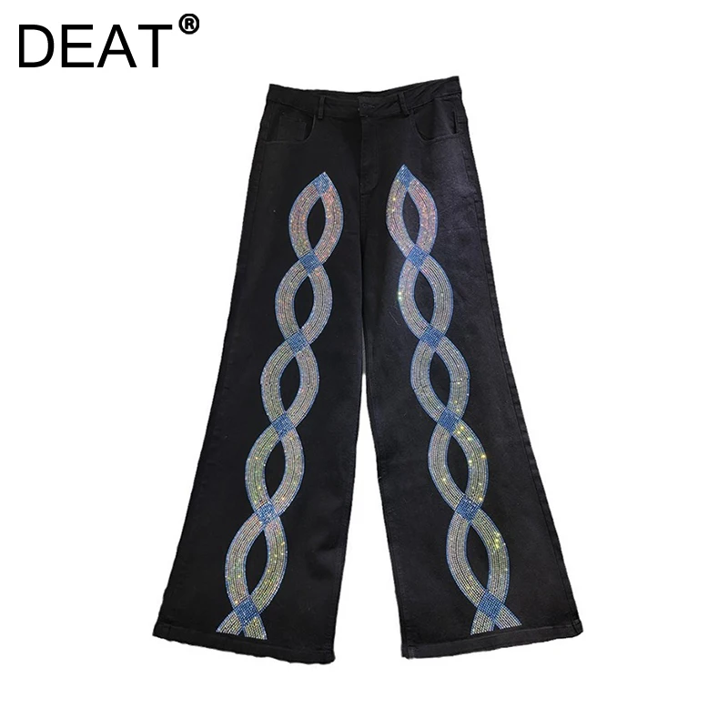 DEAT Women's Jeans Twist Shape Rhinestone Loose High Waist Straight Wide Leg Denim Trousers 2025 New Fashion Spring 29L9271