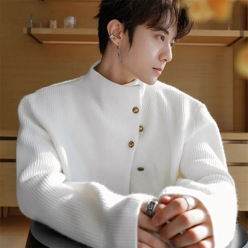 

New Half-Turtleneck Button Design Sweaters Men Winter Korean Fashion Knitted Pullovers Business Casual Christmas Jumpers
