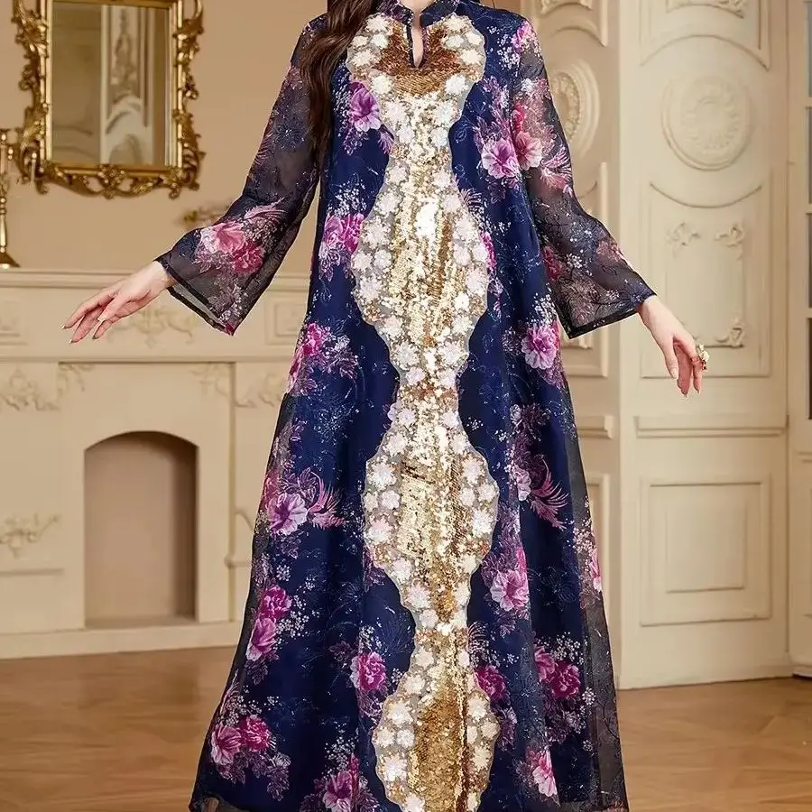 Eid เลื่อม Jalabiya Ramadan ดอกไม้พิมพ์ Abayas สําหรับผู้หญิง 2025 ดูไบตุรกี Kaftan ชุดมุสลิมอิสลามเสื้อผ้า Robe Femme Caftan