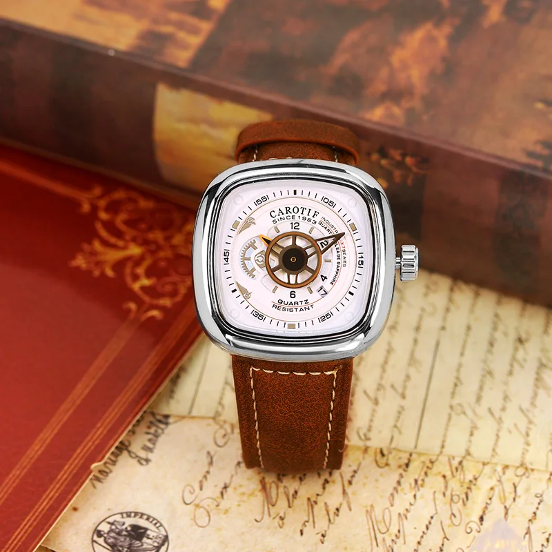 

Мужские модные минималистичные часы с коричневым кожаным ремнем, календарем с арабскими цифрами и кварцевым механизмом компаса.