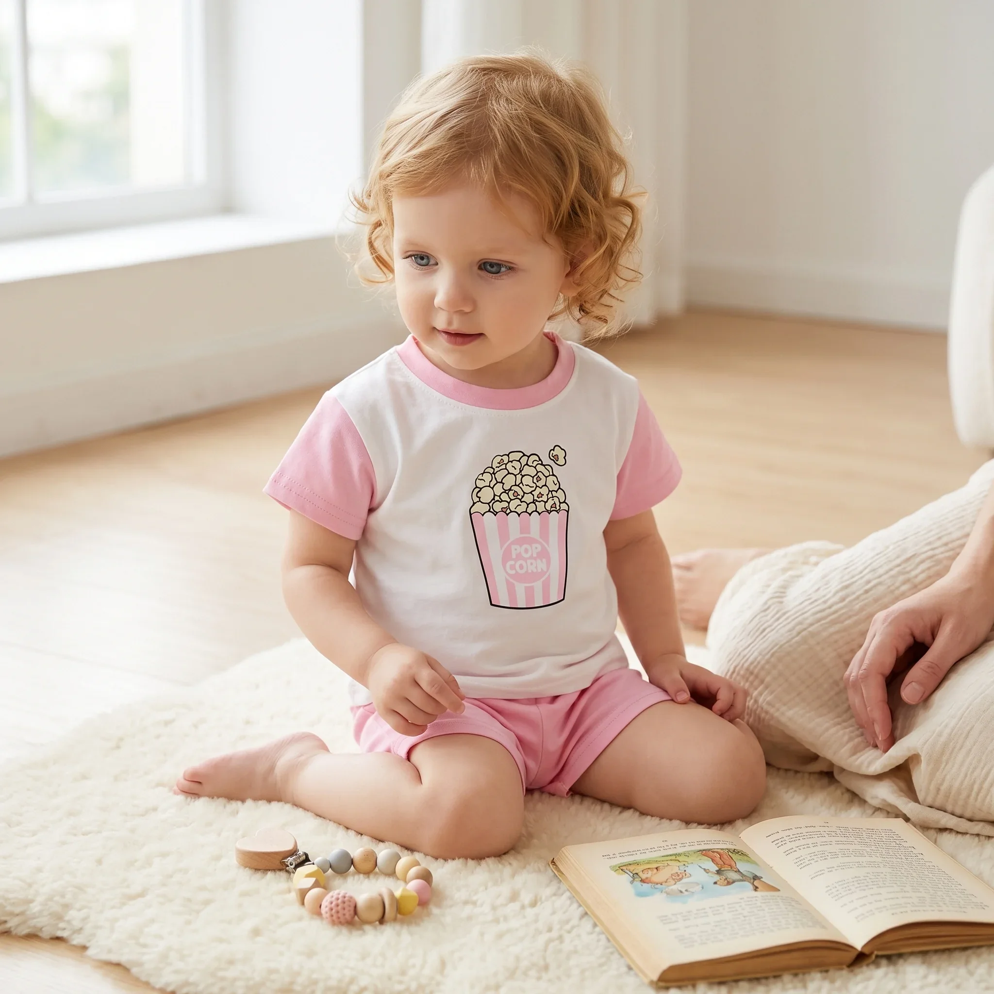 New Baby Summer Breathable Cotton Round Neck T-Shirt + Shorts 2-Piece Set Boys Girls Cartoon Popcorn Print Clothing 0-3Y