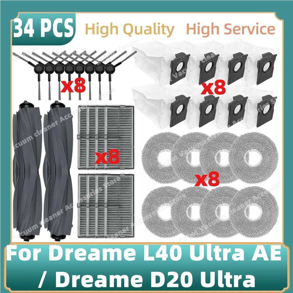 متوافق مع ( Dreame L40 Ultra AE / Dreame D20 Ultra) أجزاء فرشاة جانبية رئيسية فلتر Hepa ممسحة قماش كيس لجميع الغبار الملحقات