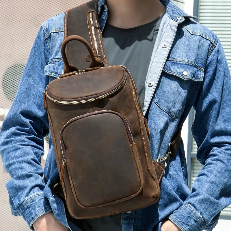 Casual Genuine Leather Chest Bag Pack Men iPad Mini Cow Leather Shoulder Bags Male Anti Theft Crossbody Summer Sling bags